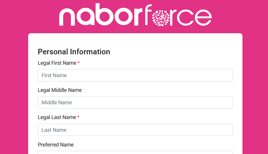 Screenshot of Naborforce's Nabor Onboarding portal.